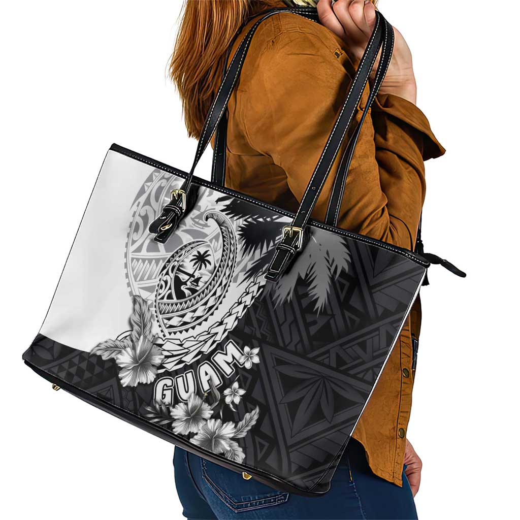 Hafa Adai Guam Leather Tote Bag Polynesian Palm Tree Tattoo Hibiscus and Plumeria Art