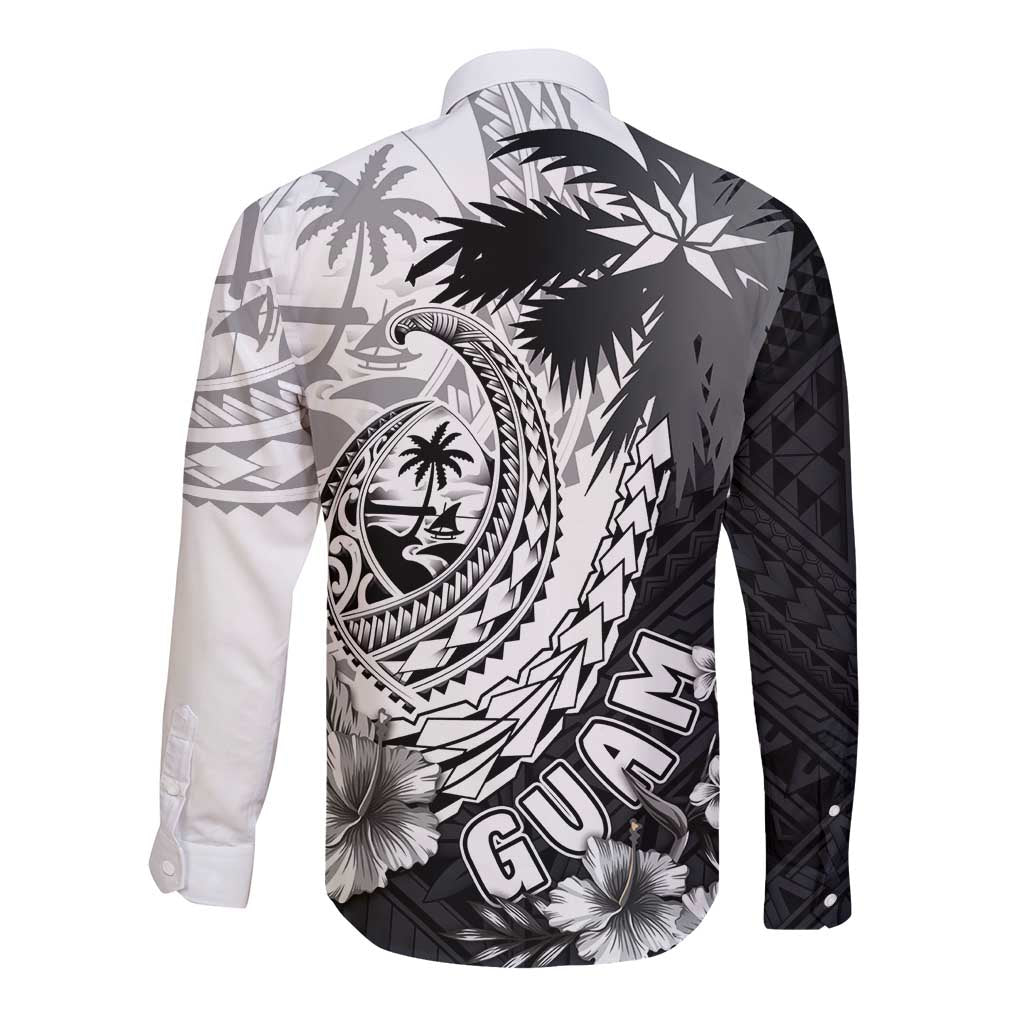 Hafa Adai Guam Long Sleeve Button Shirt Polynesian Palm Tree Tattoo Hibiscus and Plumeria Art