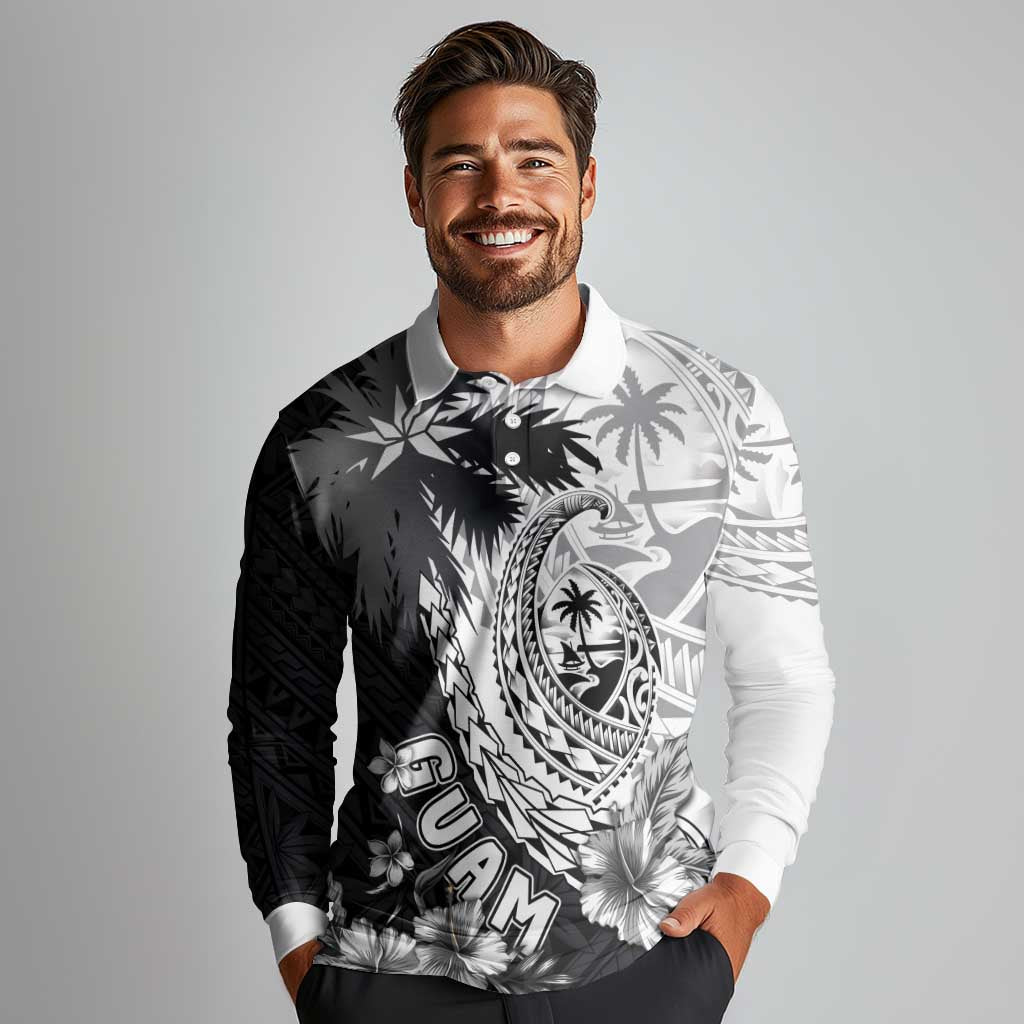 Hafa Adai Guam Long Sleeve Polo Shirt Polynesian Palm Tree Tattoo Hibiscus and Plumeria Art