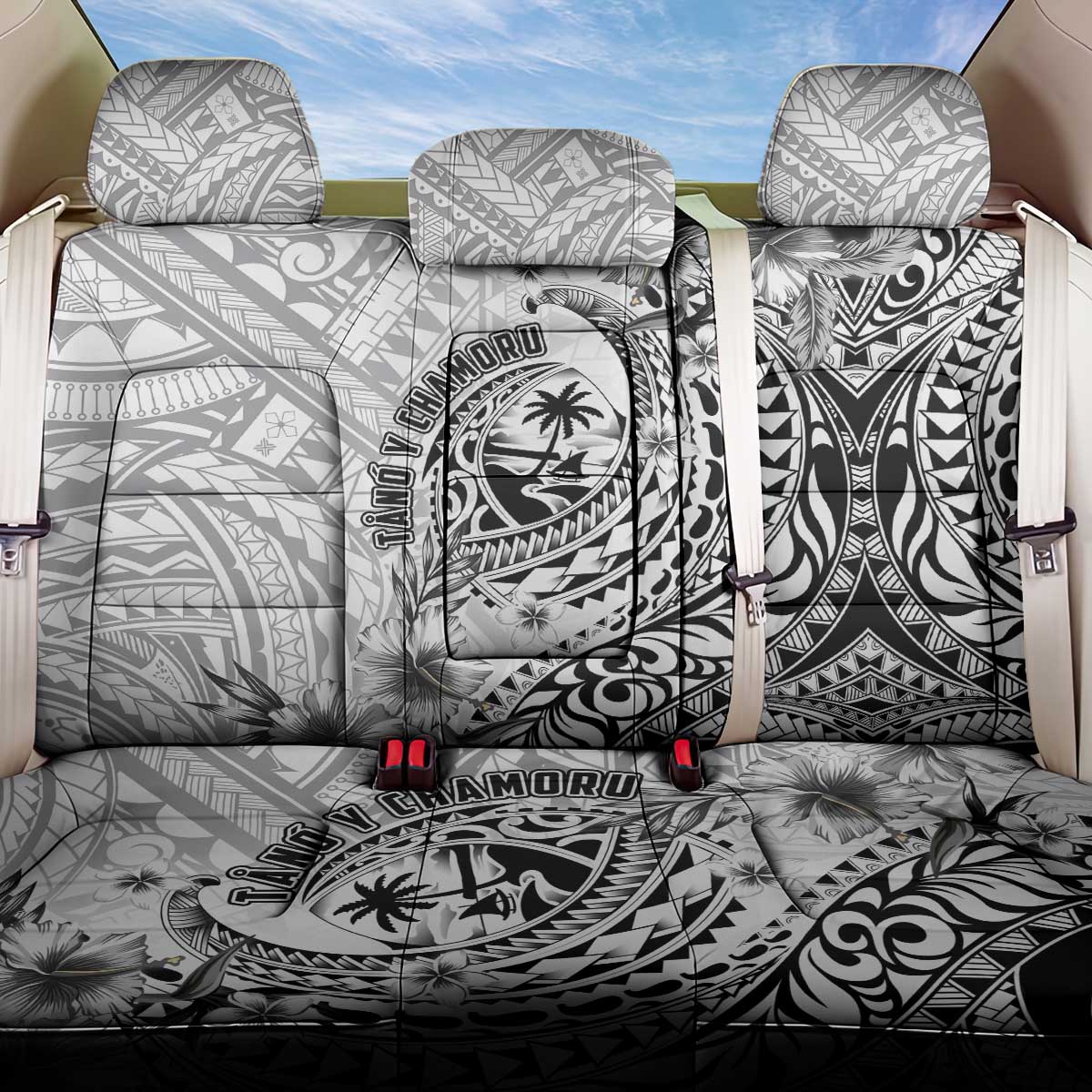 Guam-Land of the Chamorro Back Car Seat Cover Polynesian Tattoo Style Hibiscus and Plumeria Art LT03 One Size Black - Polynesian Pride