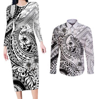 Guam-Land of the Chamorro Couples Matching Long Sleeve Bodycon Dress and Long Sleeve Button Shirt Polynesian Tattoo Style Hibiscus and Plumeria Art