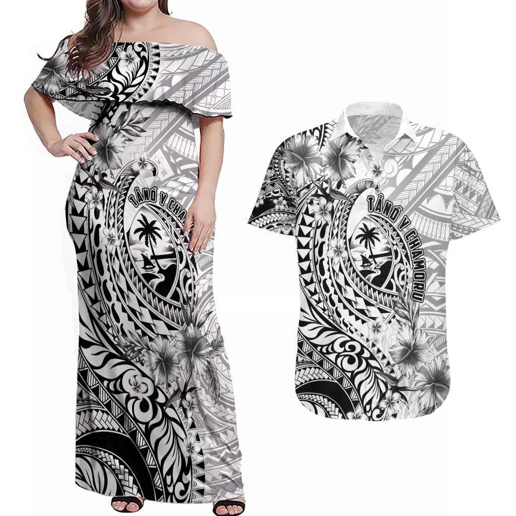 Guam-Land of the Chamorro Couples Matching Off Shoulder Maxi Dress and Hawaiian Shirt Polynesian Tattoo Style Hibiscus and Plumeria Art LT03 Black - Polynesian Pride