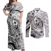 Guam-Land of the Chamorro Couples Matching Off Shoulder Maxi Dress and Long Sleeve Button Shirt Polynesian Tattoo Style Hibiscus and Plumeria Art LT03 Black - Polynesian Pride