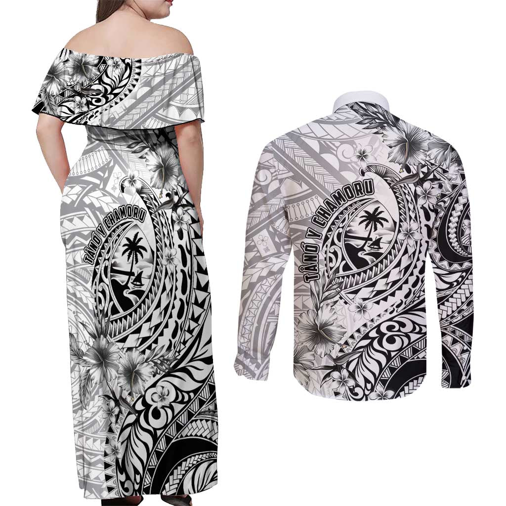 Guam-Land of the Chamorro Couples Matching Off Shoulder Maxi Dress and Long Sleeve Button Shirt Polynesian Tattoo Style Hibiscus and Plumeria Art LT03 - Polynesian Pride