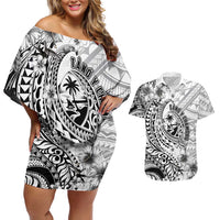 Guam-Land of the Chamorro Couples Matching Off Shoulder Short Dress and Hawaiian Shirt Polynesian Tattoo Style Hibiscus and Plumeria Art LT03 Black - Polynesian Pride