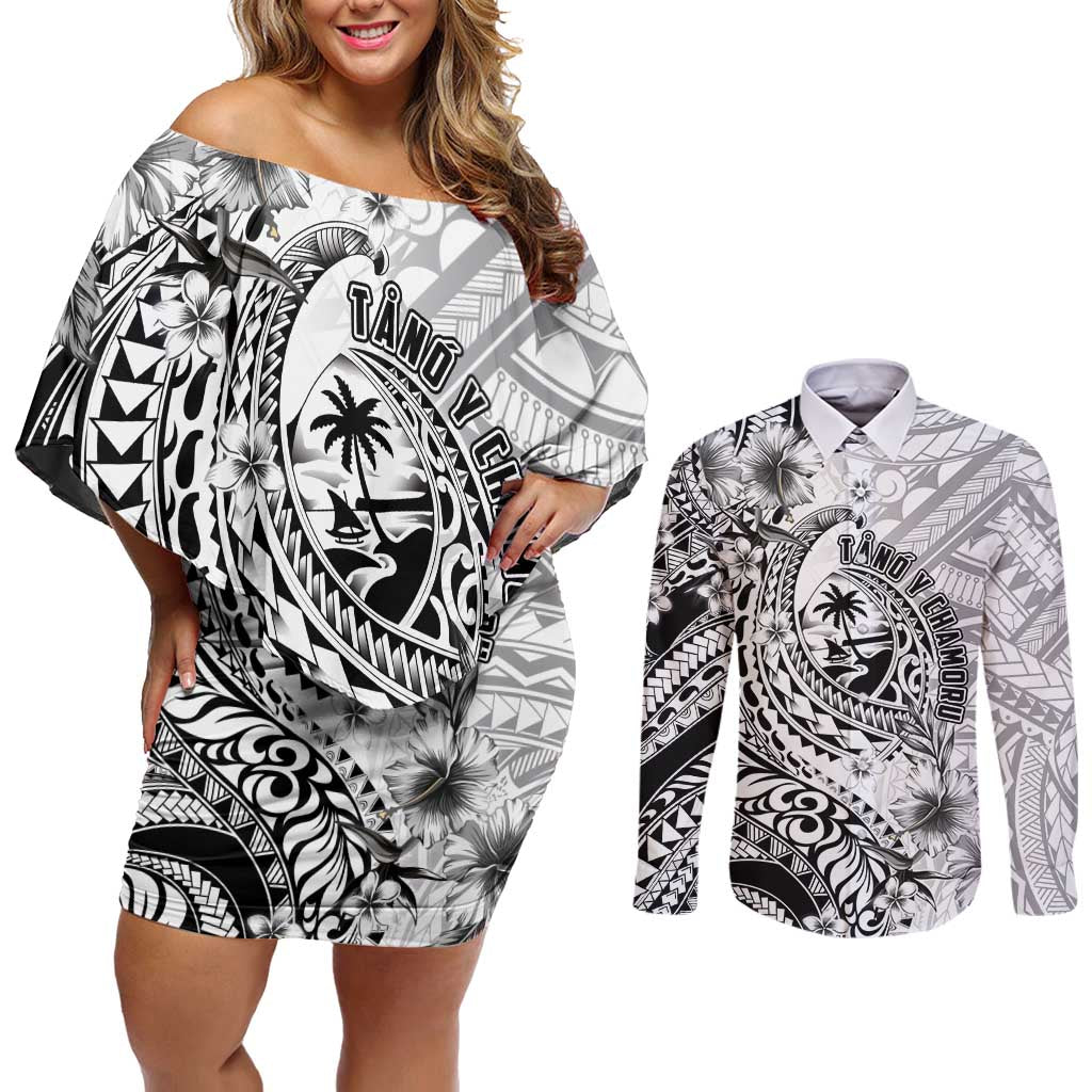 Guam-Land of the Chamorro Couples Matching Off Shoulder Short Dress and Long Sleeve Button Shirt Polynesian Tattoo Style Hibiscus and Plumeria Art LT03 Black - Polynesian Pride