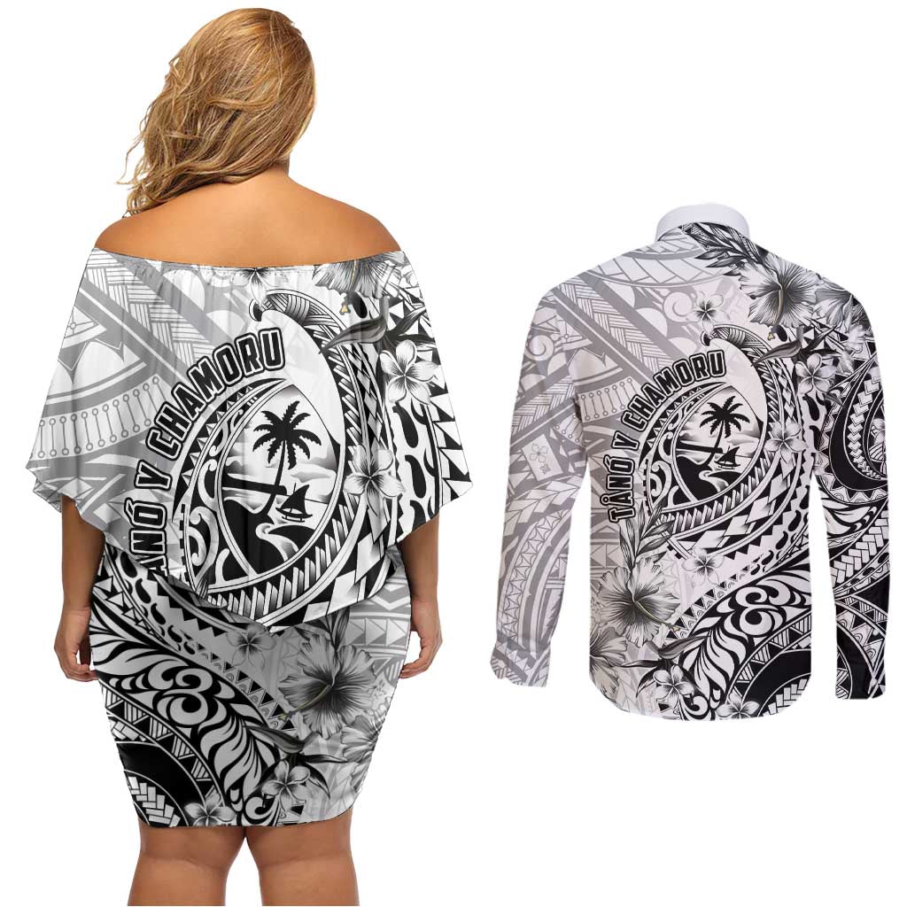 Guam-Land of the Chamorro Couples Matching Off Shoulder Short Dress and Long Sleeve Button Shirt Polynesian Tattoo Style Hibiscus and Plumeria Art LT03 - Polynesian Pride