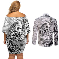 Guam-Land of the Chamorro Couples Matching Off Shoulder Short Dress and Long Sleeve Button Shirt Polynesian Tattoo Style Hibiscus and Plumeria Art LT03 - Polynesian Pride