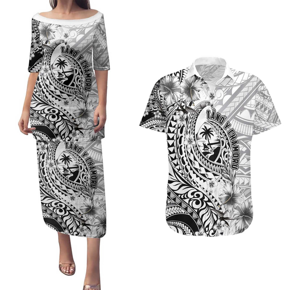 Guam-Land of the Chamorro Couples Matching Puletasi and Hawaiian Shirt Polynesian Tattoo Style Hibiscus and Plumeria Art