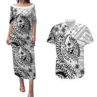 Guam-Land of the Chamorro Couples Matching Puletasi and Hawaiian Shirt Polynesian Tattoo Style Hibiscus and Plumeria Art