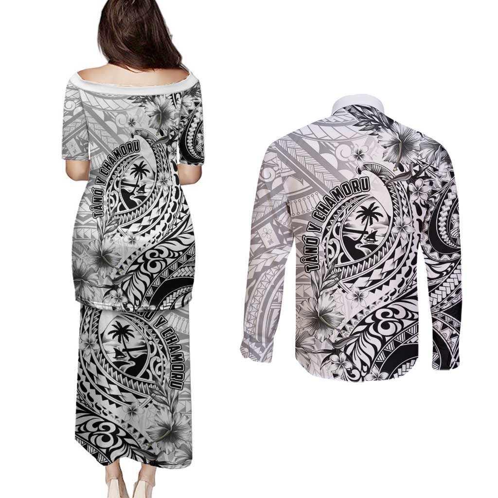 Guam-Land of the Chamorro Couples Matching Puletasi and Long Sleeve Button Shirt Polynesian Tattoo Style Hibiscus and Plumeria Art