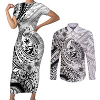 Guam-Land of the Chamorro Couples Matching Short Sleeve Bodycon Dress and Long Sleeve Button Shirt Polynesian Tattoo Style Hibiscus and Plumeria Art