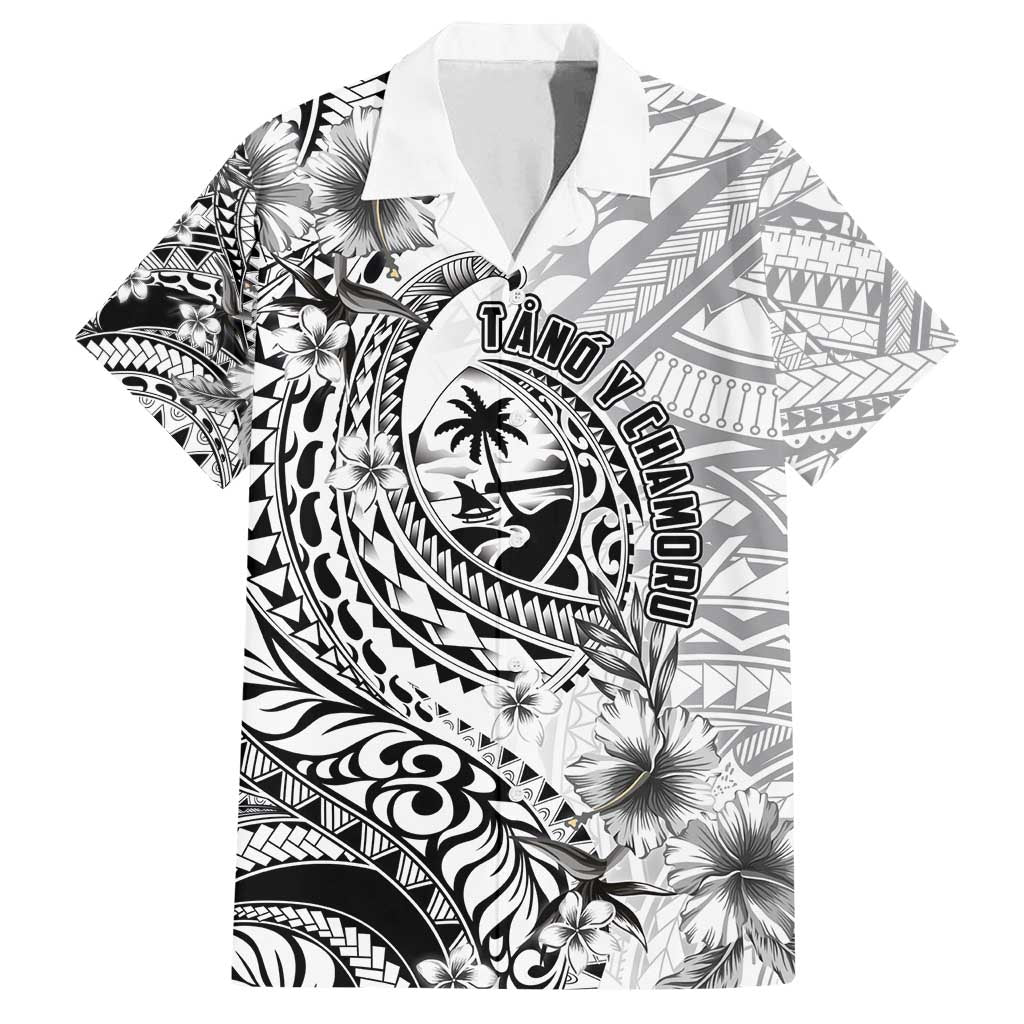 Guam-Land of the Chamorro Family Matching Off Shoulder Maxi Dress and Hawaiian Shirt Polynesian Tattoo Style Hibiscus and Plumeria Art LT03 Dad's Shirt - Short Sleeve Black - Polynesian Pride