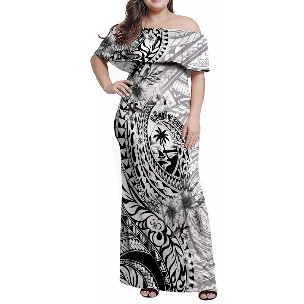 Guam-Land of the Chamorro Family Matching Off Shoulder Maxi Dress and Hawaiian Shirt Polynesian Tattoo Style Hibiscus and Plumeria Art LT03 Mom's Dress Black - Polynesian Pride