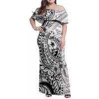 Guam-Land of the Chamorro Family Matching Off Shoulder Maxi Dress and Hawaiian Shirt Polynesian Tattoo Style Hibiscus and Plumeria Art LT03 Mom's Dress Black - Polynesian Pride