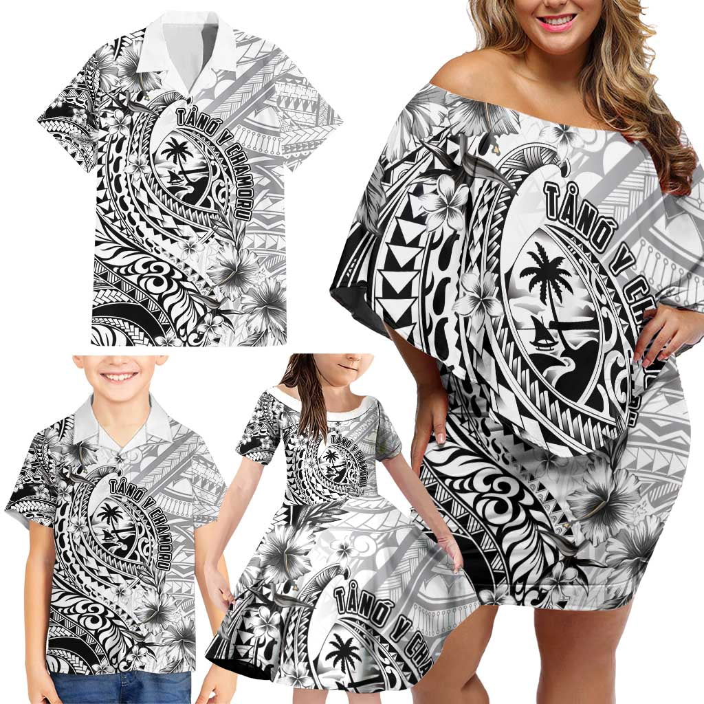 Guam-Land of the Chamorro Family Matching Off Shoulder Short Dress and Hawaiian Shirt Polynesian Tattoo Style Hibiscus and Plumeria Art LT03 - Polynesian Pride