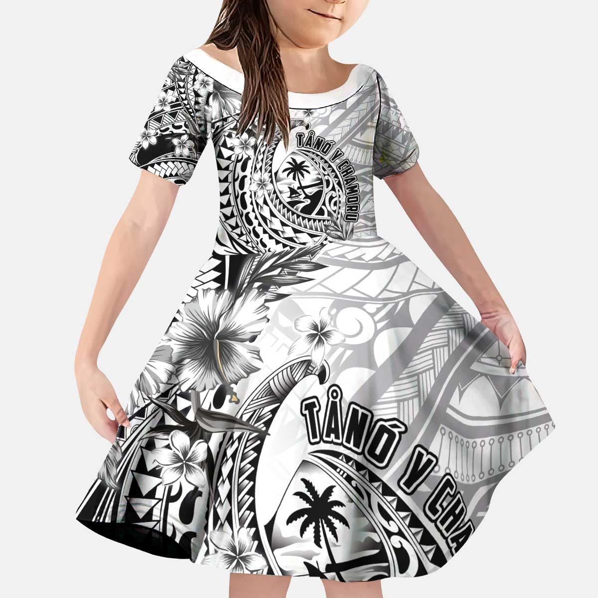 Guam-Land of the Chamorro Kid Short Sleeve Dress Polynesian Tattoo Style Hibiscus and Plumeria Art