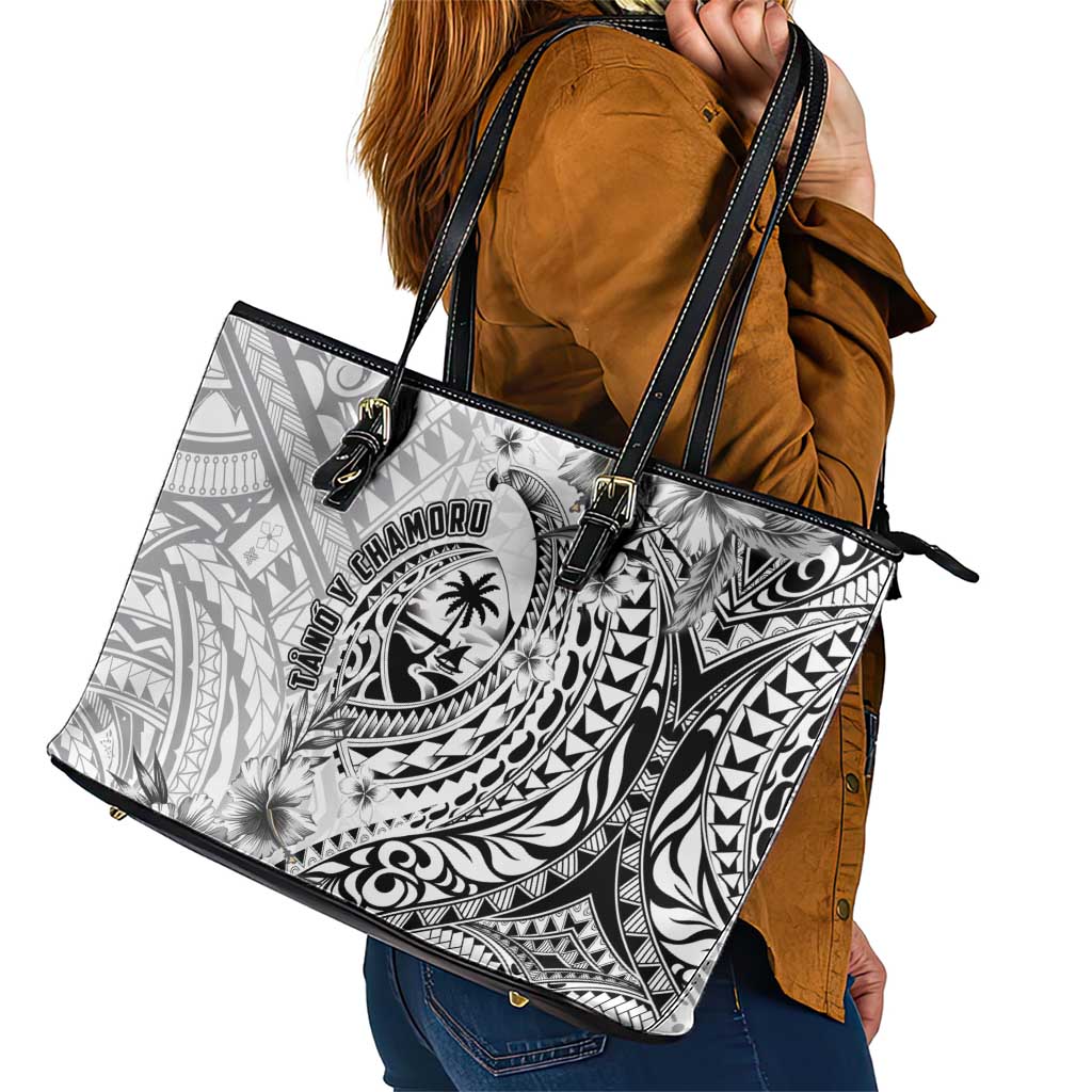 Guam-Land of the Chamorro Leather Tote Bag Polynesian Tattoo Style Hibiscus and Plumeria Art