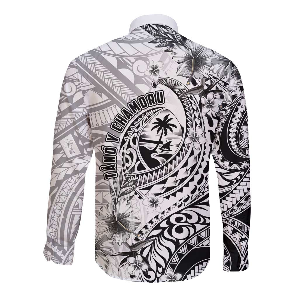 Guam-Land of the Chamorro Long Sleeve Button Shirt Polynesian Tattoo Style Hibiscus and Plumeria Art