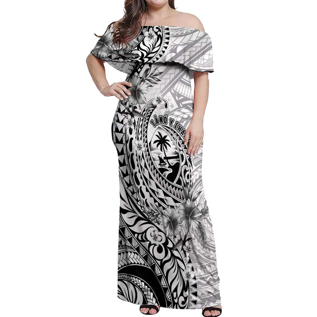 Guam-Land of the Chamorro Off Shoulder Maxi Dress Polynesian Tattoo Style Hibiscus and Plumeria Art LT03 Women Black - Polynesian Pride