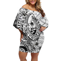 Guam-Land of the Chamorro Off Shoulder Short Dress Polynesian Tattoo Style Hibiscus and Plumeria Art LT03 Women Black - Polynesian Pride