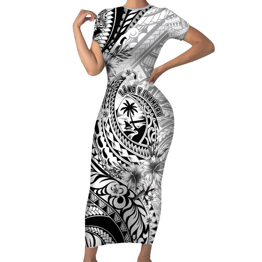 Guam-Land of the Chamorro Short Sleeve Bodycon Dress Polynesian Tattoo Style Hibiscus and Plumeria Art