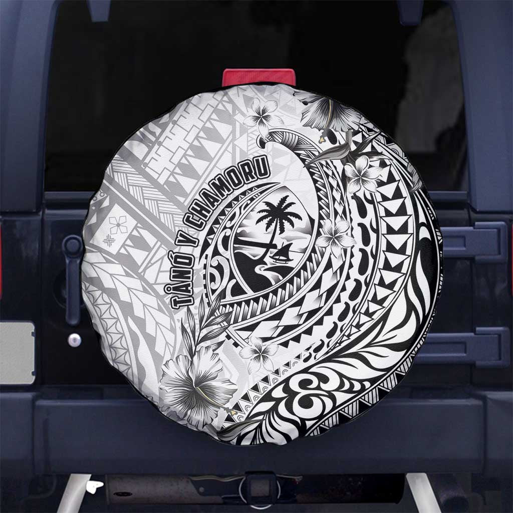 Guam-Land of the Chamorro Spare Tire Cover Polynesian Tattoo Style Hibiscus and Plumeria Art LT03 No hole Black - Polynesian Pride