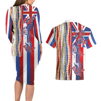 Hawaiian Sea Animals Couples Matching Long Sleeve Bodycon Dress and Hawaiian Shirt with Lei and Flag Style LT03 - Polynesian Pride