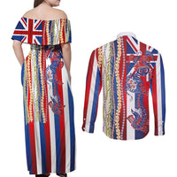 Hawaiian Sea Animals Couples Matching Off Shoulder Maxi Dress and Long Sleeve Button Shirt with Lei and Flag Style