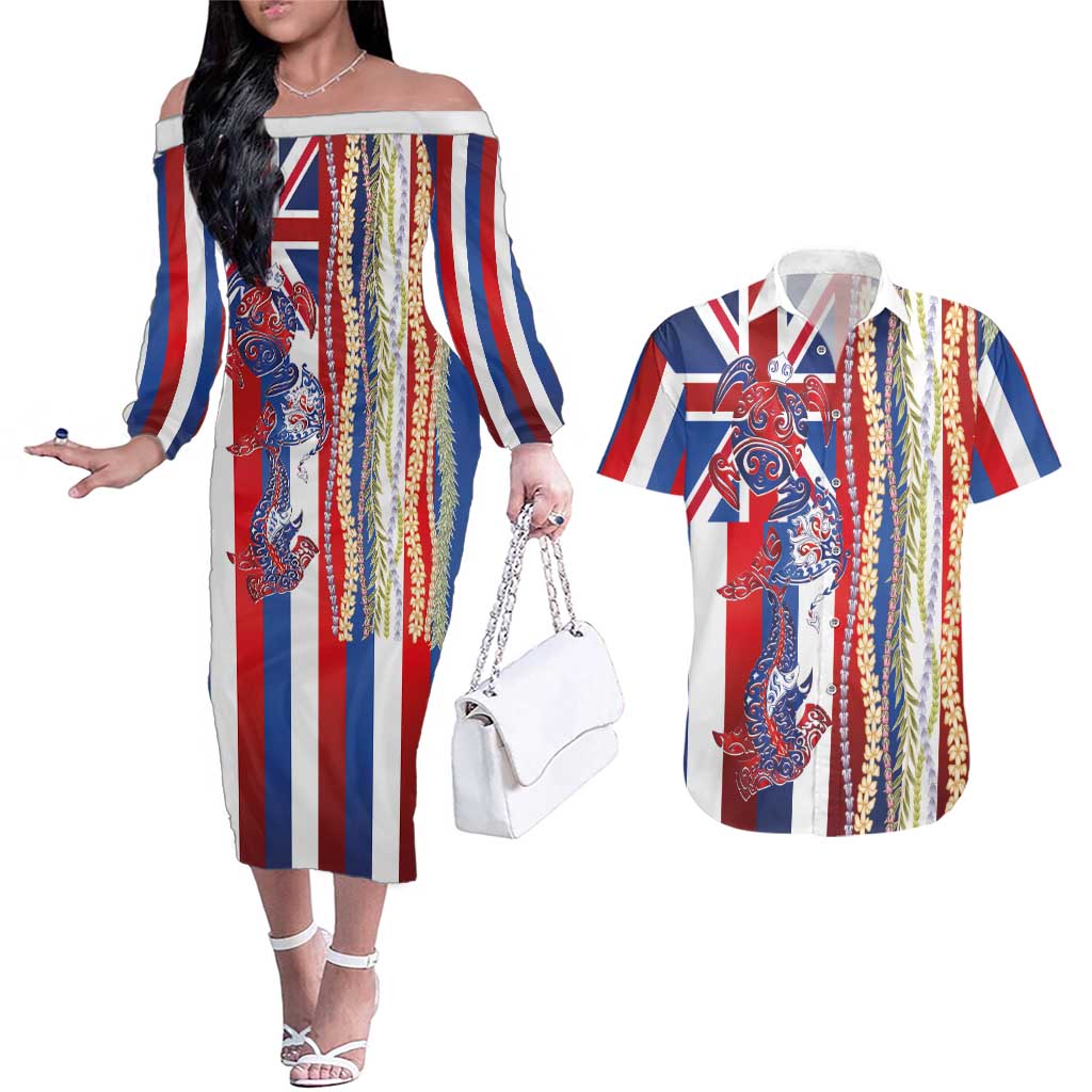 Hawaiian Sea Animals Couples Matching Off The Shoulder Long Sleeve Dress and Hawaiian Shirt with Lei and Flag Style LT03 Multicolor - Polynesian Pride
