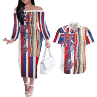 Hawaiian Sea Animals Couples Matching Off The Shoulder Long Sleeve Dress and Hawaiian Shirt with Lei and Flag Style LT03 Multicolor - Polynesian Pride