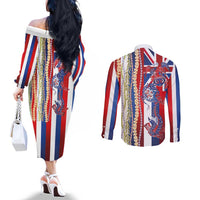 Hawaiian Sea Animals Couples Matching Off The Shoulder Long Sleeve Dress and Long Sleeve Button Shirt with Lei and Flag Style