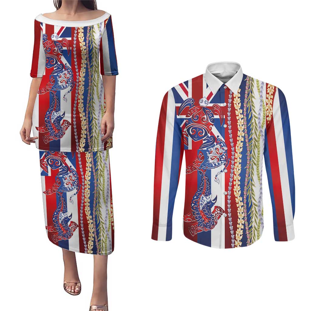 Hawaiian Sea Animals Couples Matching Puletasi and Long Sleeve Button Shirt with Lei and Flag Style