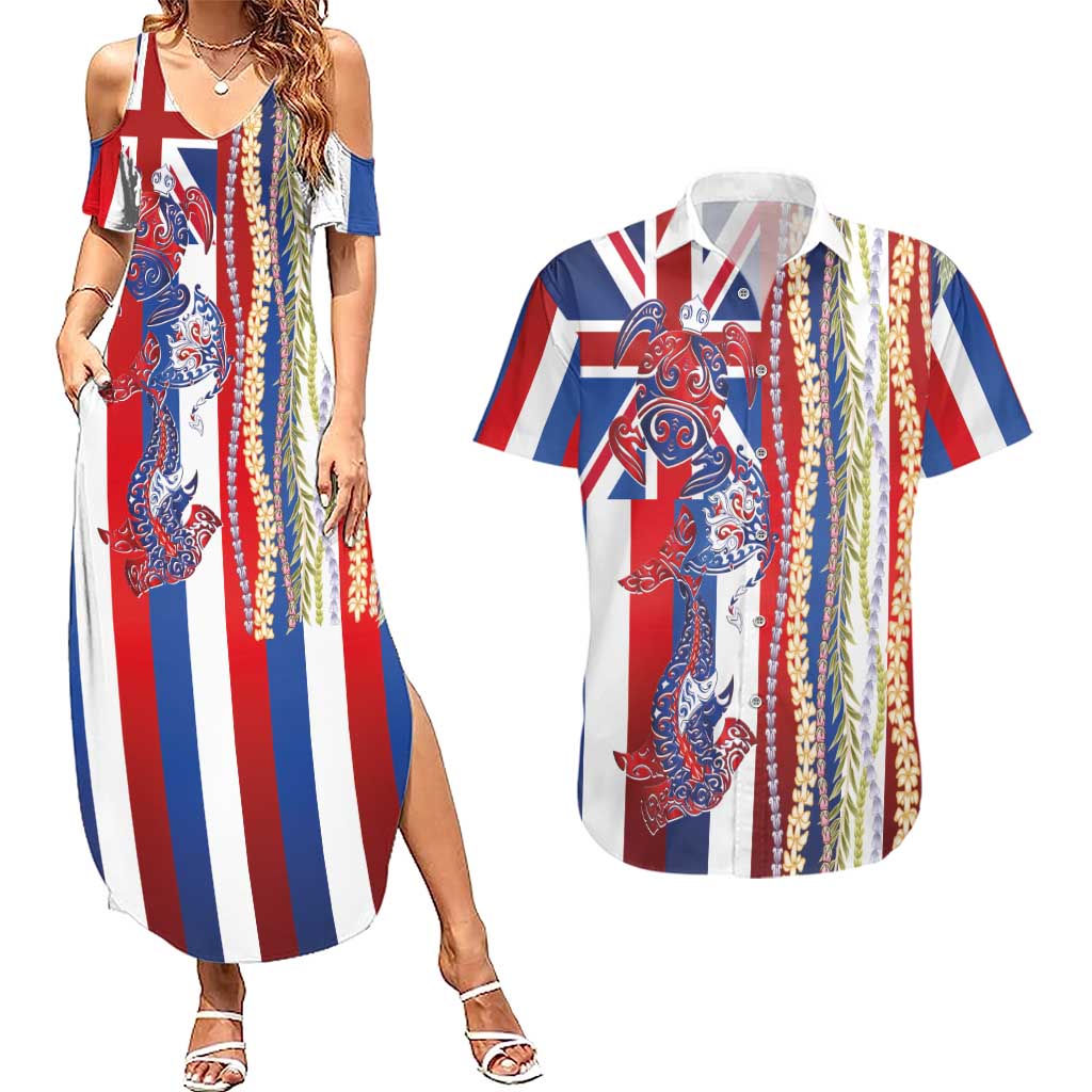 Hawaiian Sea Animals Couples Matching Summer Maxi Dress and Hawaiian Shirt with Lei and Flag Style