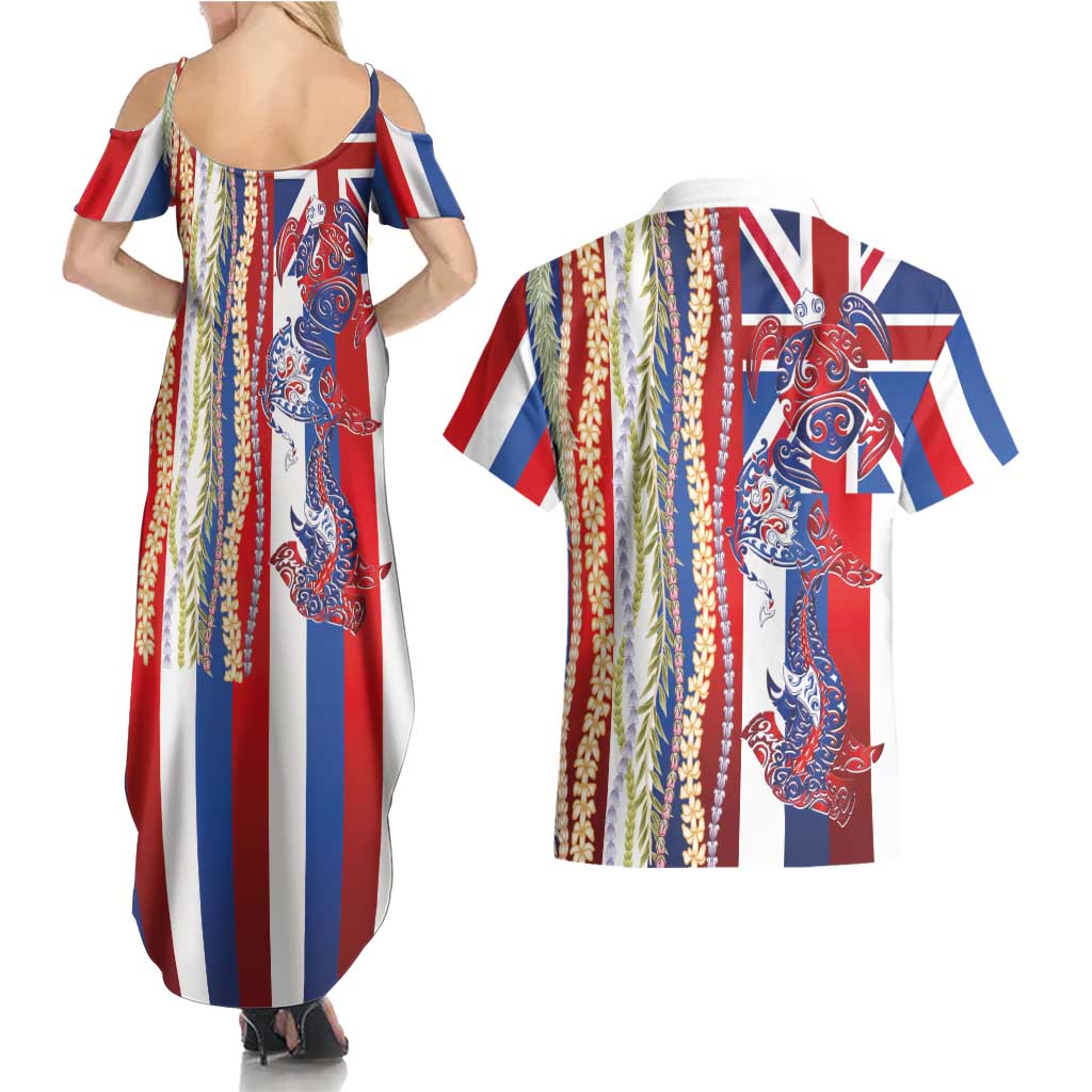 Hawaiian Sea Animals Couples Matching Summer Maxi Dress and Hawaiian Shirt with Lei and Flag Style