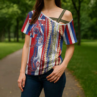 Hawaiian Sea Animals Cross Shoulder Shirt with Lei and Flag Style