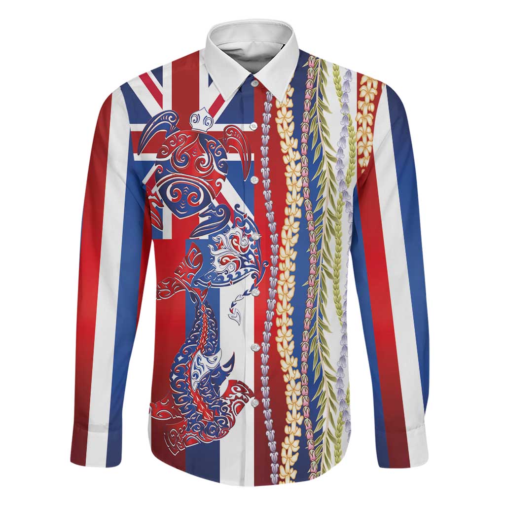 Hawaiian Sea Animals Family Matching Long Sleeve Bodycon Dress and Hawaiian Shirt with Lei and Flag Style LT03 Dad's Shirt - Long Sleeve Multicolor - Polynesian Pride