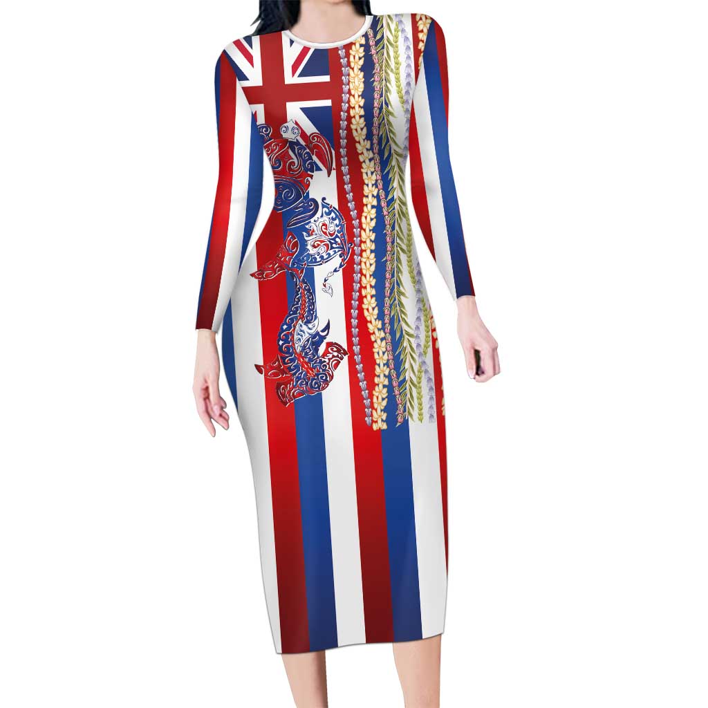 Hawaiian Sea Animals Family Matching Long Sleeve Bodycon Dress and Hawaiian Shirt with Lei and Flag Style LT03 Mom's Dress Multicolor - Polynesian Pride