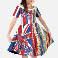 Hawaiian Sea Animals Family Matching Off Shoulder Short Dress and Hawaiian Shirt with Lei and Flag Style LT03 Daughter's Dress Multicolor - Polynesian Pride