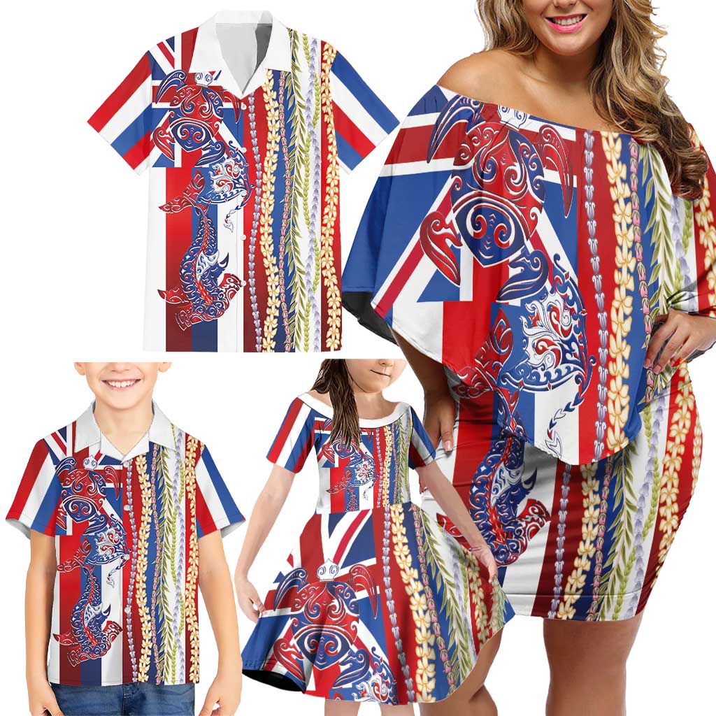 Hawaiian Sea Animals Family Matching Off Shoulder Short Dress and Hawaiian Shirt with Lei and Flag Style LT03 - Polynesian Pride