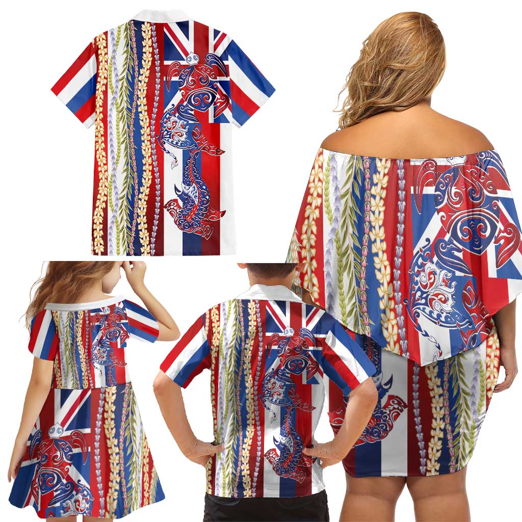 Hawaiian Sea Animals Family Matching Off Shoulder Short Dress and Hawaiian Shirt with Lei and Flag Style LT03 - Polynesian Pride