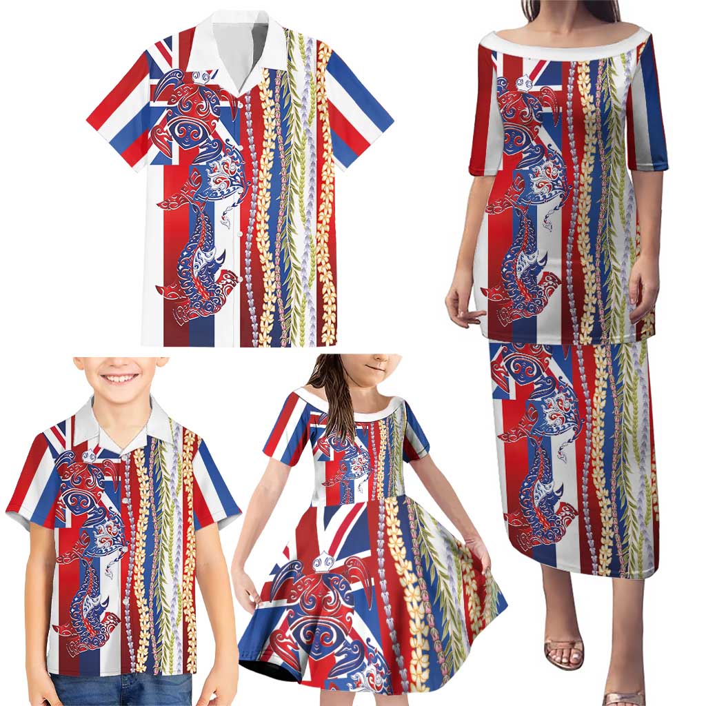Hawaiian Sea Animals Family Matching Puletasi and Hawaiian Shirt with Lei and Flag Style LT03 - Polynesian Pride
