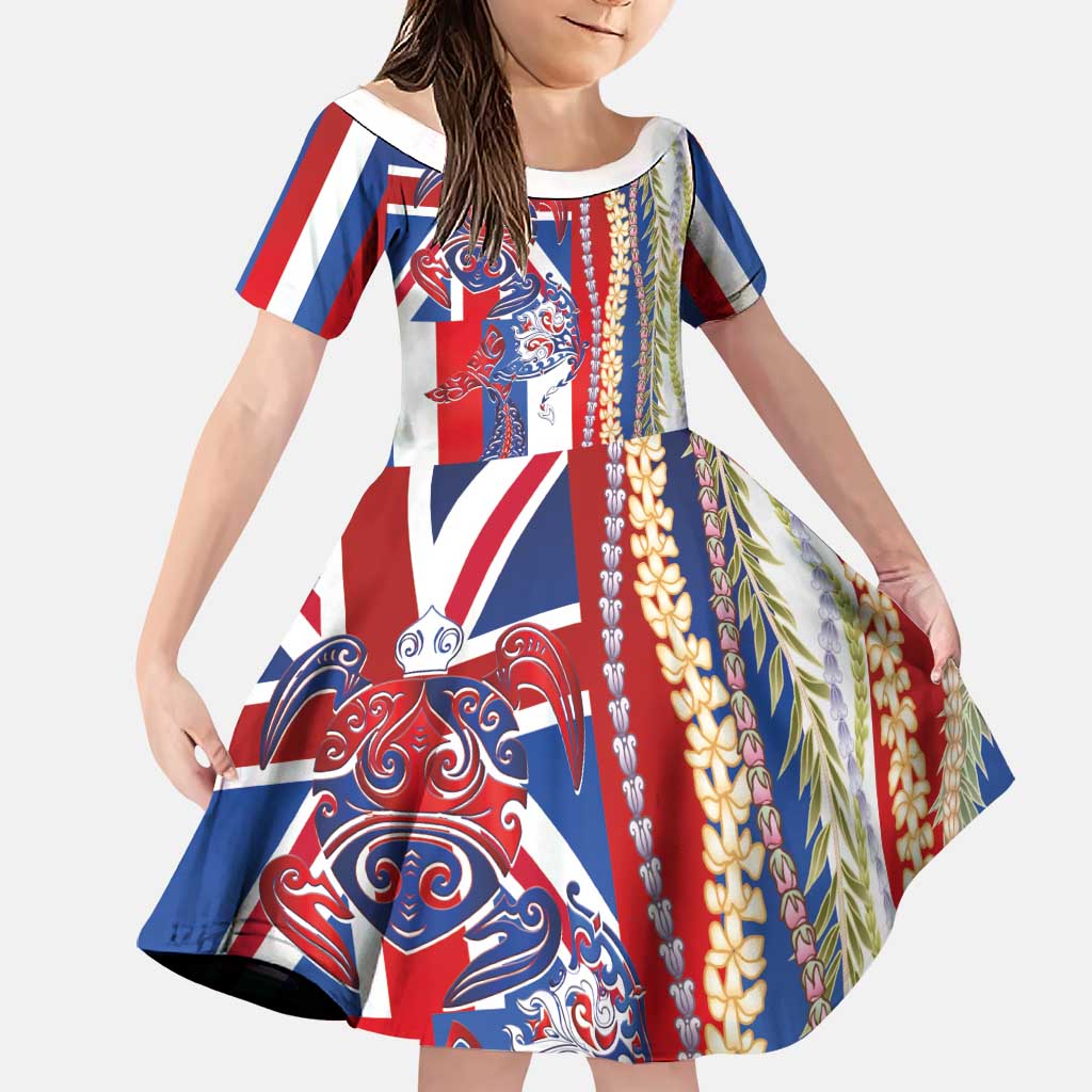 Hawaiian Sea Animals Family Matching Short Sleeve Bodycon Dress and Hawaiian Shirt with Lei and Flag Style LT03 Daughter's Dress Multicolor - Polynesian Pride