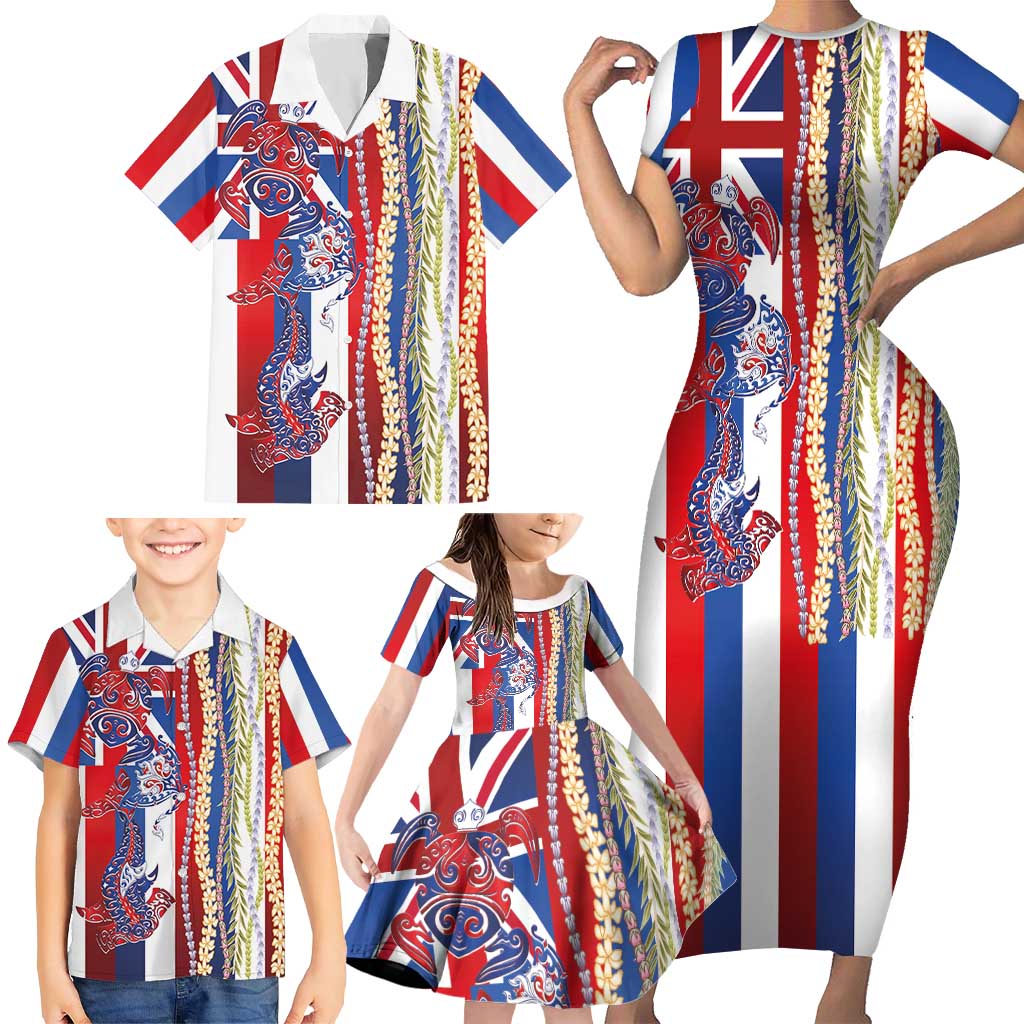 Hawaiian Sea Animals Family Matching Short Sleeve Bodycon Dress and Hawaiian Shirt with Lei and Flag Style
