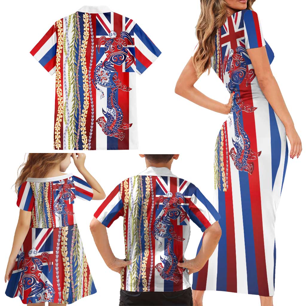 Hawaiian Sea Animals Family Matching Short Sleeve Bodycon Dress and Hawaiian Shirt with Lei and Flag Style LT03 - Polynesian Pride