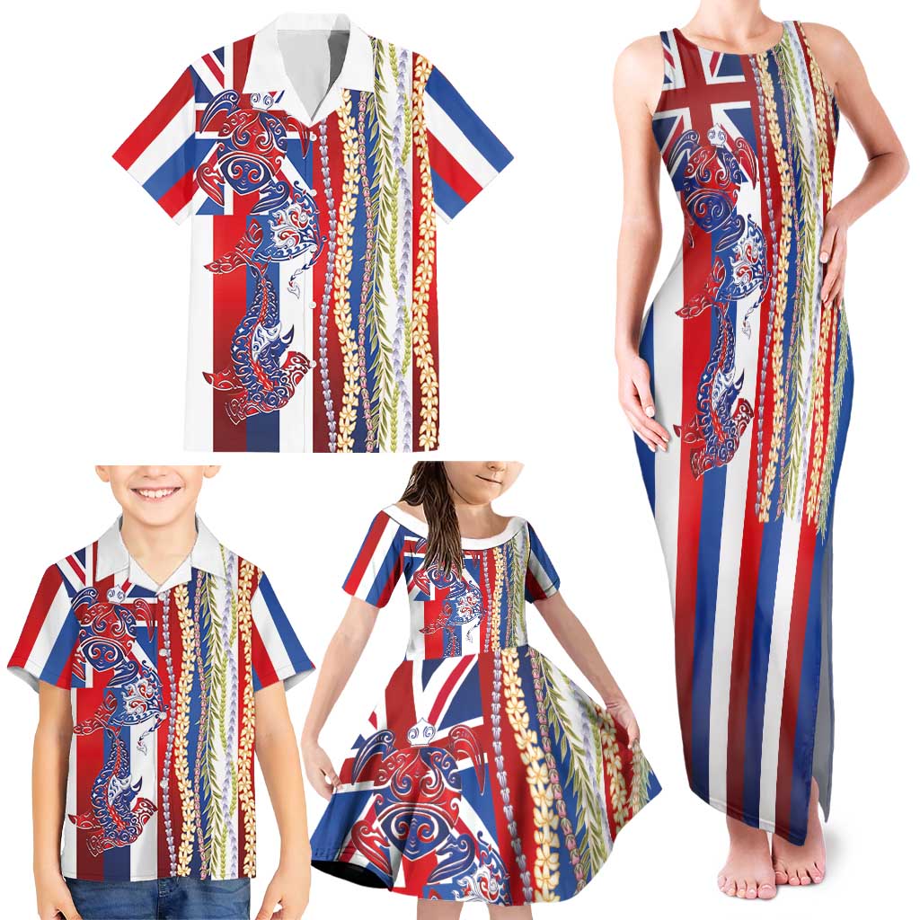 Hawaiian Sea Animals Family Matching Tank Maxi Dress and Hawaiian Shirt with Lei and Flag Style LT03 - Polynesian Pride
