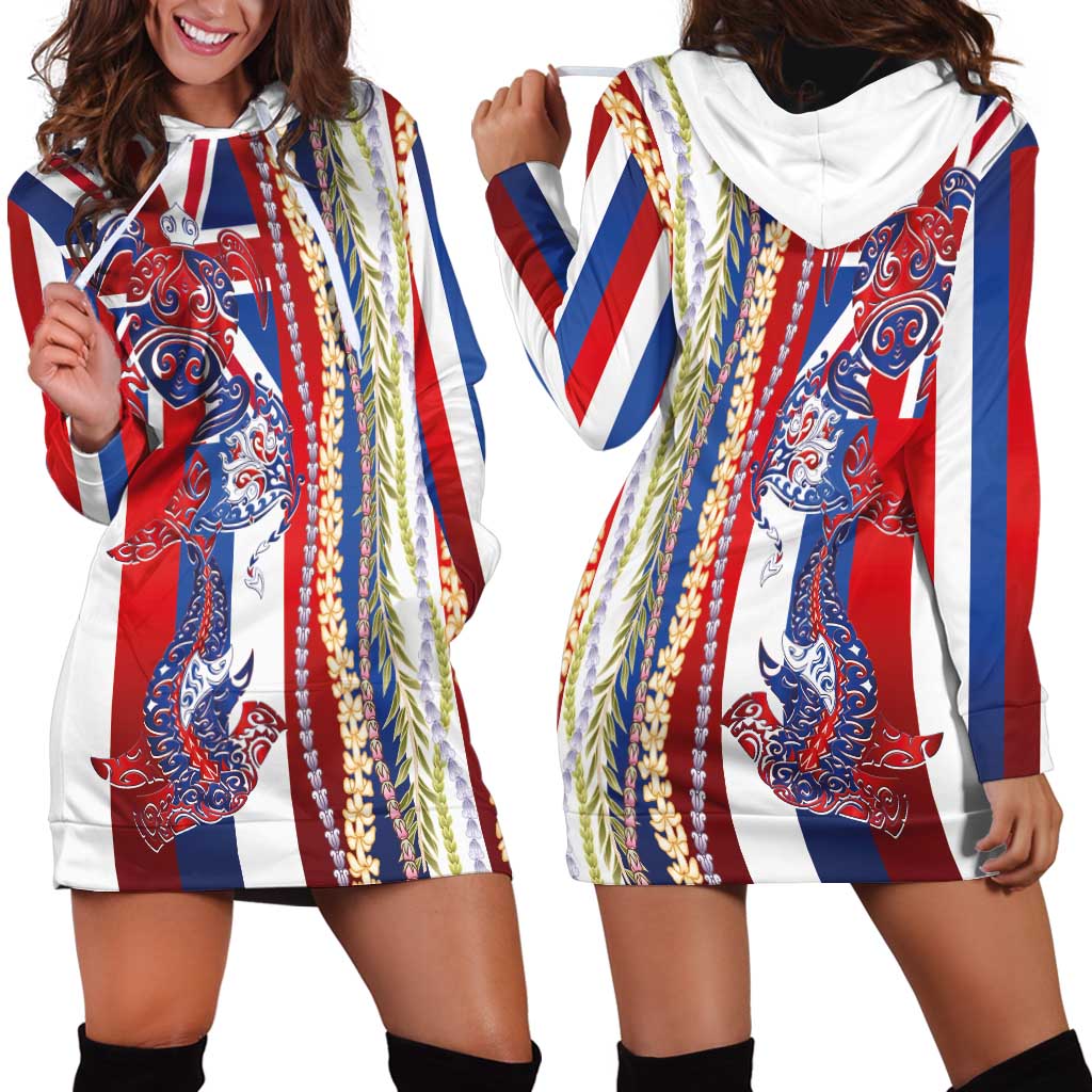 Hawaiian Sea Animals Hoodie Dress with Lei and Flag Style