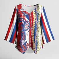 Hawaiian Sea Animals Kimono Sleeve Blouse with Lei and Flag Style