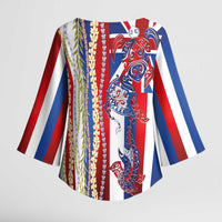 Hawaiian Sea Animals Kimono Sleeve Blouse with Lei and Flag Style