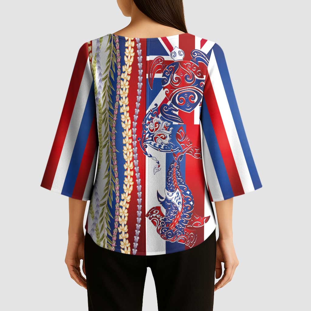 Hawaiian Sea Animals Kimono Sleeve Blouse with Lei and Flag Style